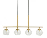 Brass long linear pendant light with four glass globes 