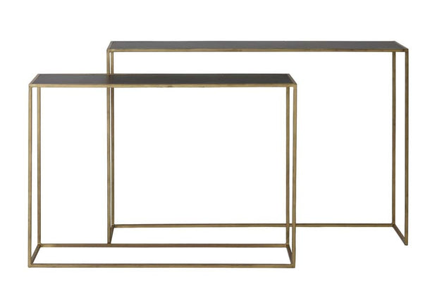Set of two rectangular gold console tables