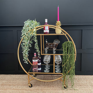 Mango wood geometric front paneled home bar with brass legs and handles