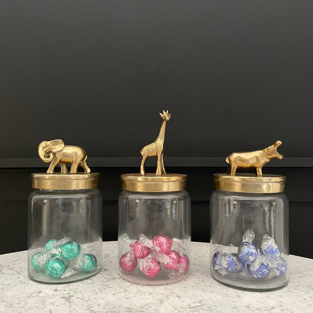 Elephant, giraffe & hippo glass jars with gold tops