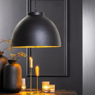 Large black dome ceiling light with a black chain