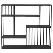 Large wall mounted black storage unit with staggered compartments