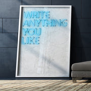 Blue customised neon LED art print on a white marble background