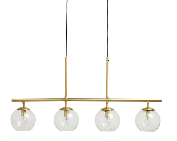 Brass long linear pendant light with four glass globes 