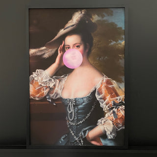 Historical woman art print blowing a pink bubblegum