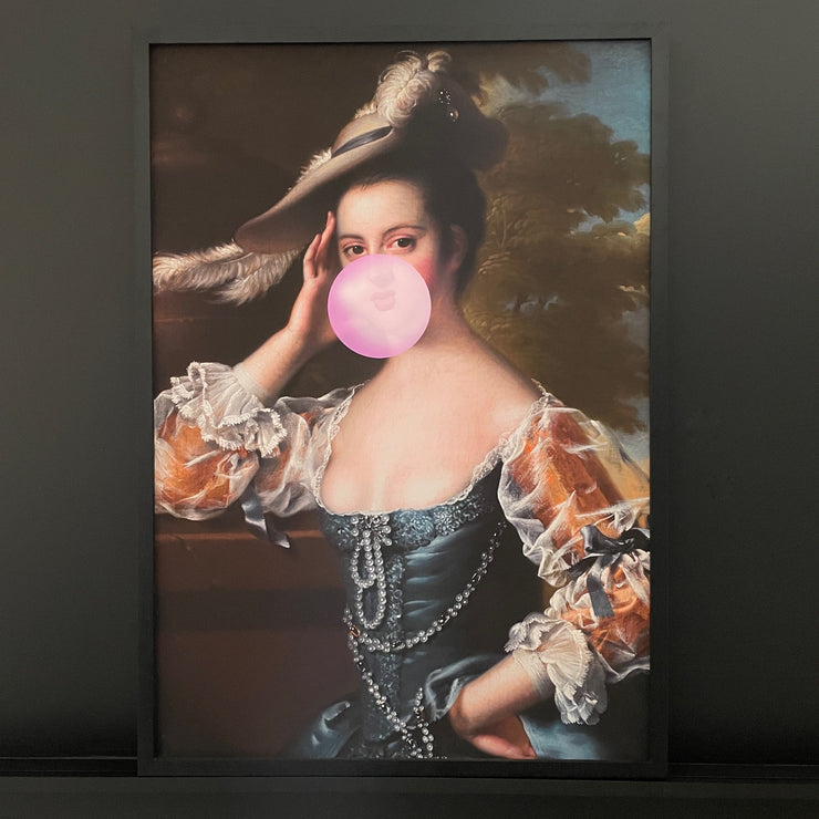 Historical woman art print blowing a pink bubblegum