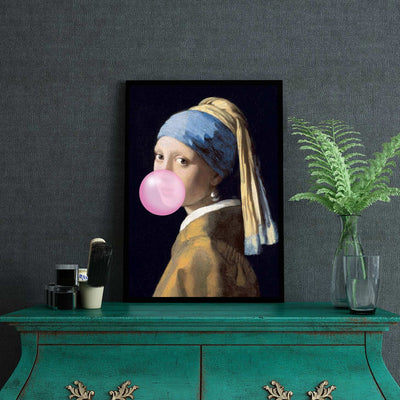 Girl with a pearl earring print blowing bubblegum 