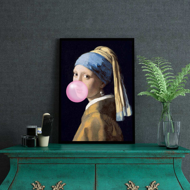 Girl with a pearl earring print blowing bubblegum 