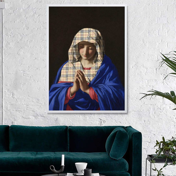 Virgin Mary print with a Burberry hood
