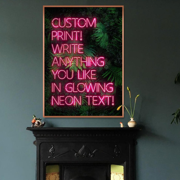 Pink custom neon LED sign art print with a green leaves background
