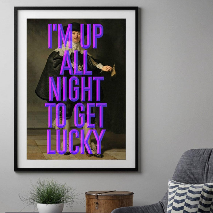 I'm up all night to get lucky purple print with historical man 