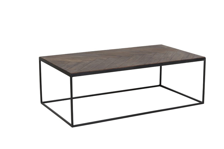 Dark wood coffee table with a dark metal geometric frame