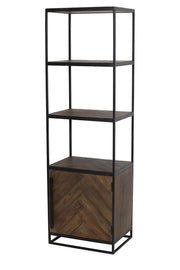 Tall dark wood display cabinet with a cupboard at the bottom and three open shelves above