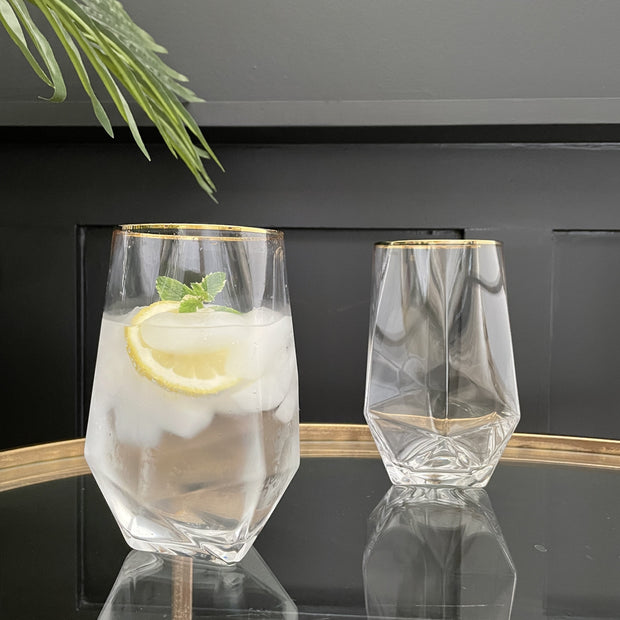 Diamond drink tumblers with a gold rimmed top