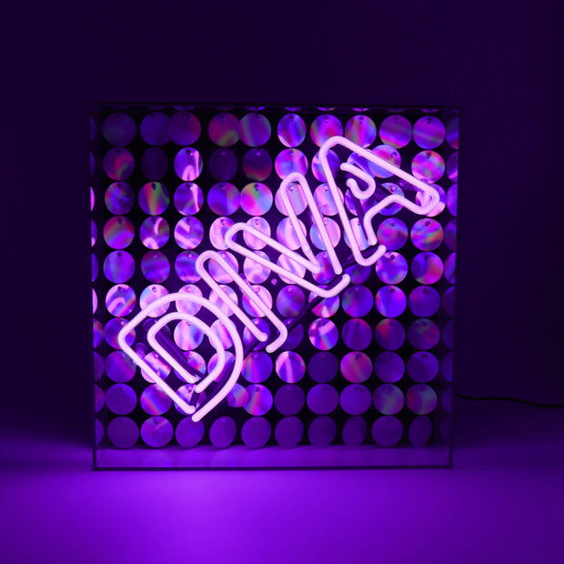 Purple DIVA neon sign LED box with a sequin back & clear glass