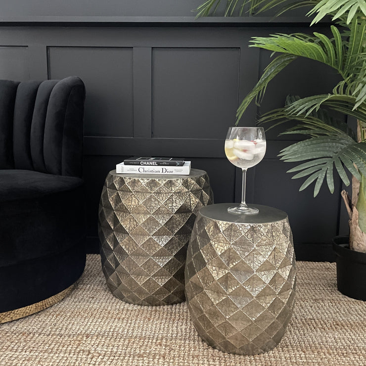 Set of 2 silver drum shaped asymmetric design side tables