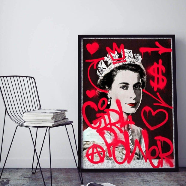 Queen Elizabeth black and white print with red graffiti