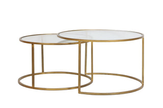 Set of two nesting gold hooped design curved coffee tables with glass shelves