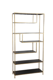 Freestanding gold shelving unit with staggered geometric clear glass shelves