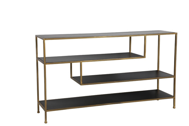 Freestanding gold console table with staggered geometric clear glass shelves 