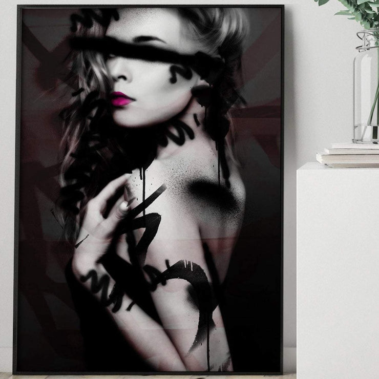 Black and white model art print with graffiti and pink lips