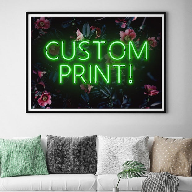 Green custom LED neon sign with a pink and blue floral background