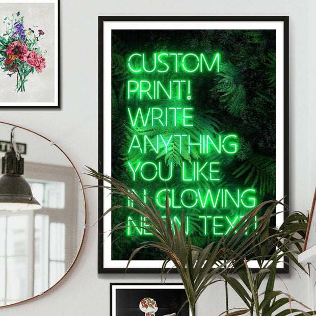 Green custom neon LED sign art print with a green leaves background