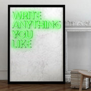 Green customised neon LED art print on a white marble background
