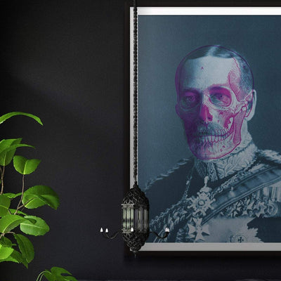 King George blue art print with a pink skull outline