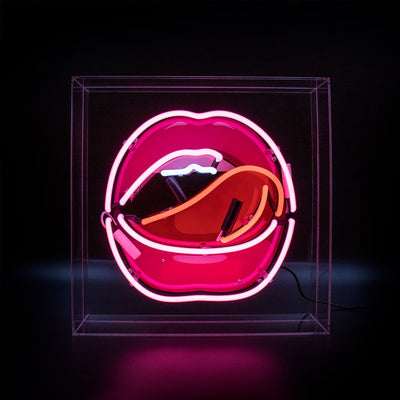 Neon lips with tongue out LED clear box