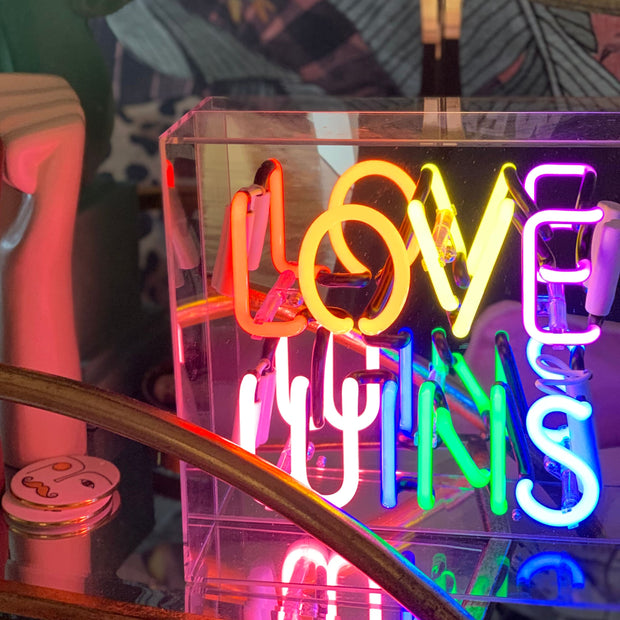 Multi coloured rainbow LED neon love wins sign box 