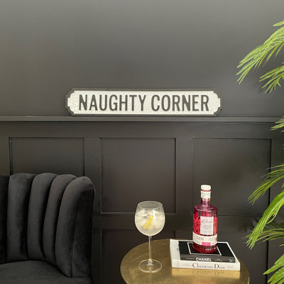 Naughty corner oblong black & white wooden sign