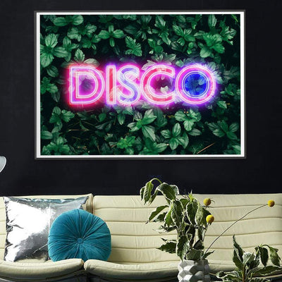 Neon disco sign art print on a leaf background