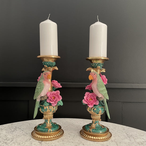 Set of 2 colourful parrot candle holders with flowers