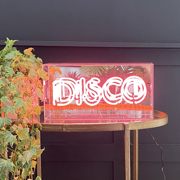 Pink LED neon disco sign box with a mirrored back