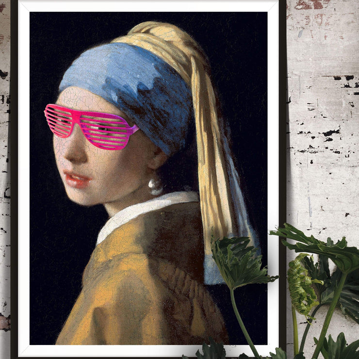Girl with a pearl earring print wearing pink sunglasses