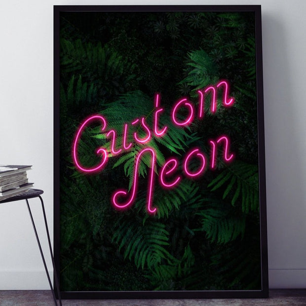 Portrait custom neon LED calligraphy sign with a green leaves background