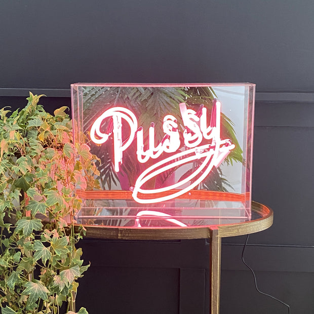 Pink pussy LED neon sign box with a mirrored back
