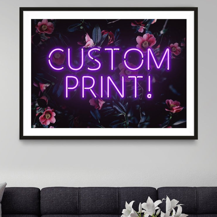 Purple custom LED neon sign with a pink and blue floral background