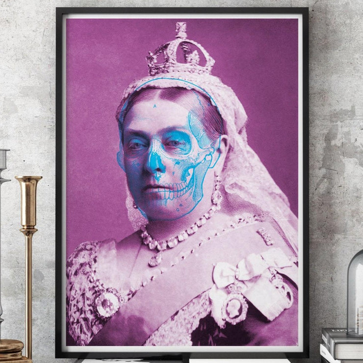 Pink Queen Victoria art print with a blue skull outline