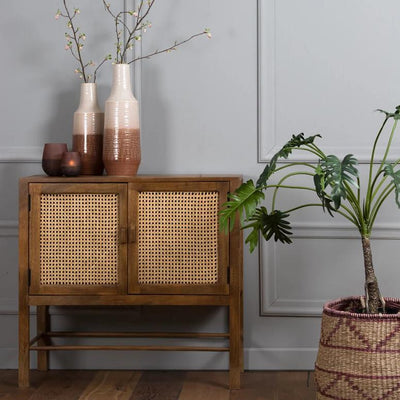 Solid wood double door sideboard with two shelves and a open wicker mesh weaving