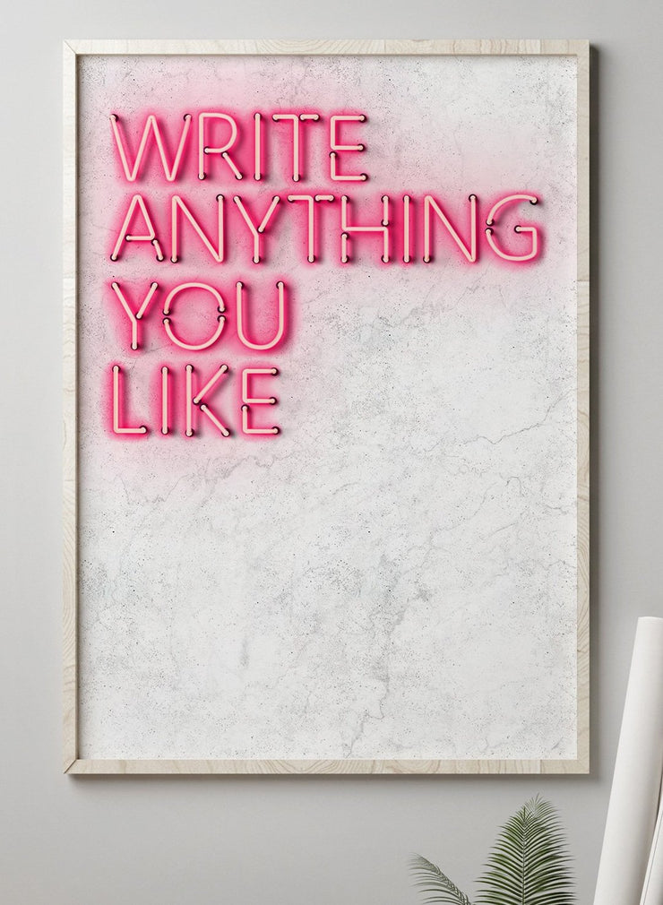 Red customised neon LED art print on a white marble background