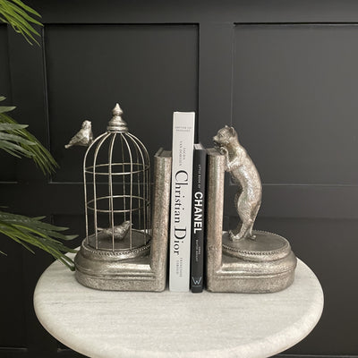 Silver cat & bird cage bookends