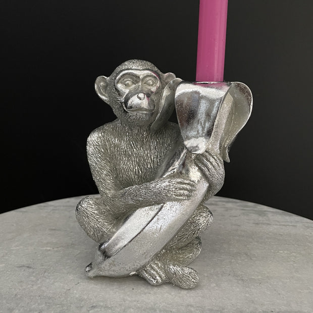 Silver monkey & banana candle holder
