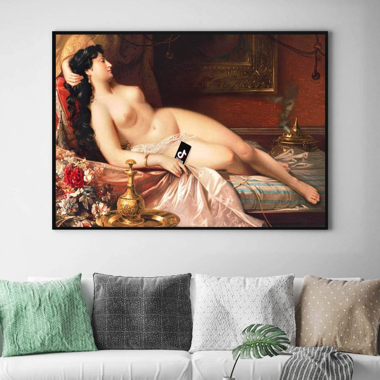 Nude woman watching TikTok art print
