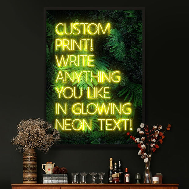 Yellow custom neon LED sign art print with a green leaves background