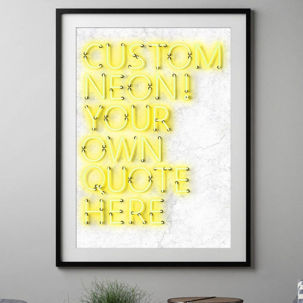 Yellow customised neon LED art print on a white marble background